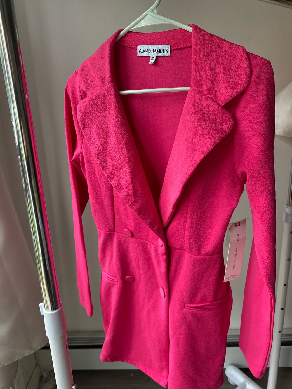 Almost famouse Women's Hot Pink Double-Breasted Blazer Coat